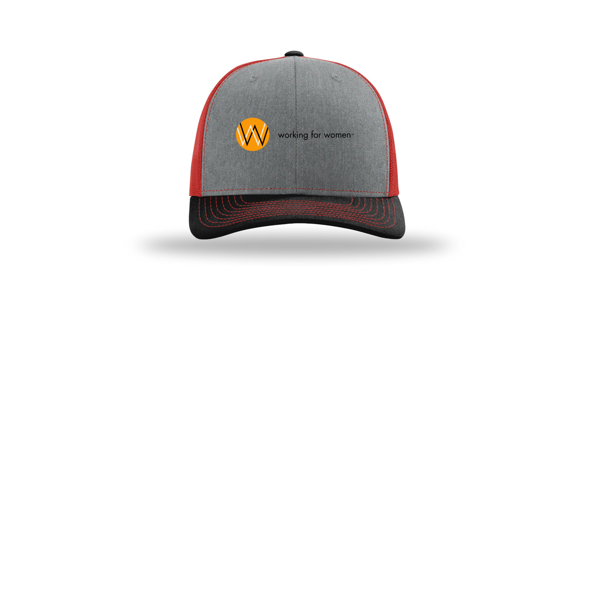workingforwomen-richardson-trucker-cap-embroidery-capfront-R112-heathergreyredblack-flat-front