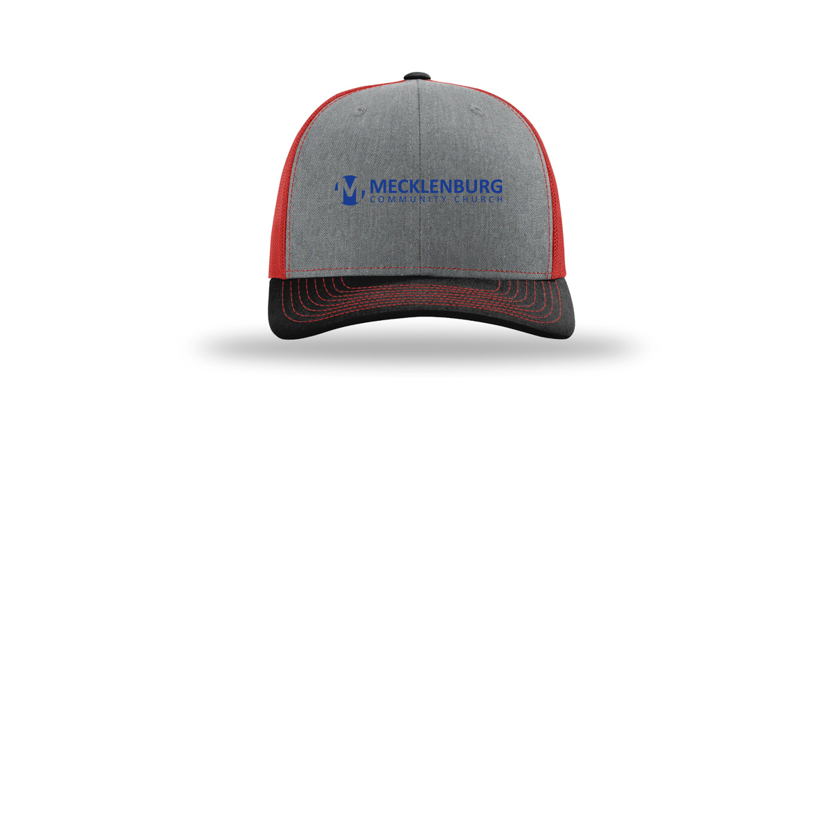 mecklenburg-richardson-trucker-cap-embroidery-capfront-R112-heathergreyredblack-flat-front
