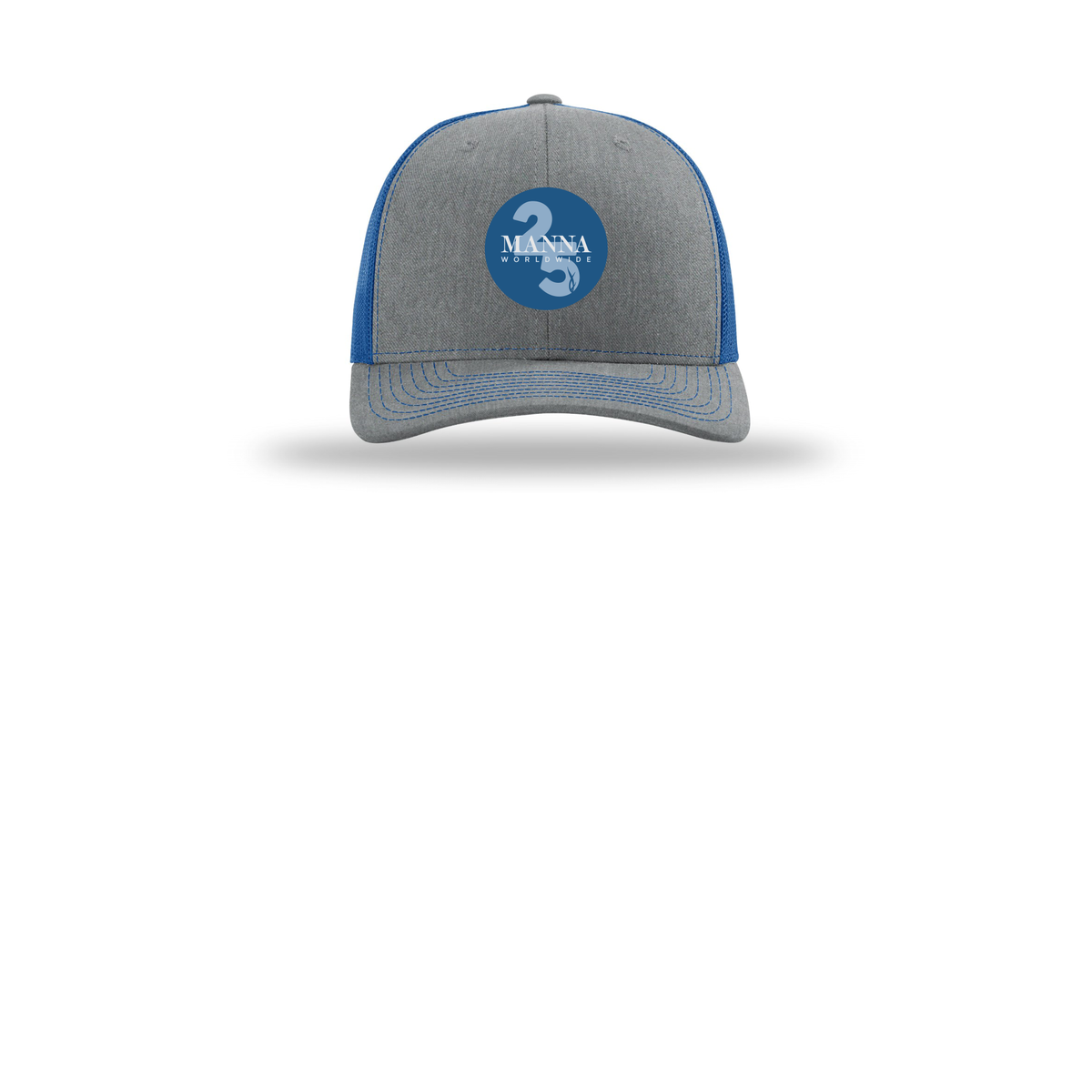 mannaworldwide-richardson-trucker-cap-embroidery-capfront-R112-heathergreyroyal-flat-front
