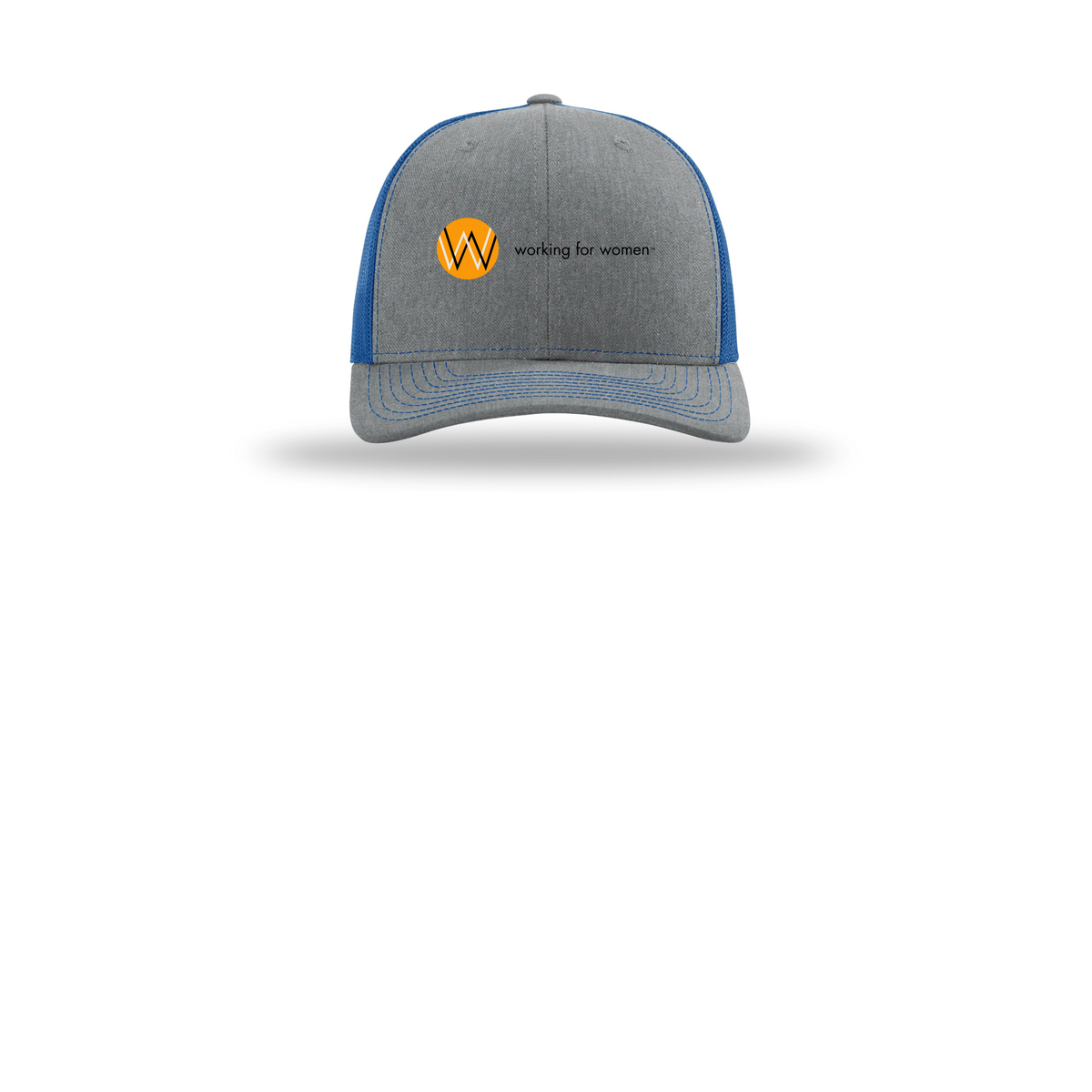 workingforwomen-richardson-trucker-cap-embroidery-capfront-R112-heathergreyroyal-flat-front