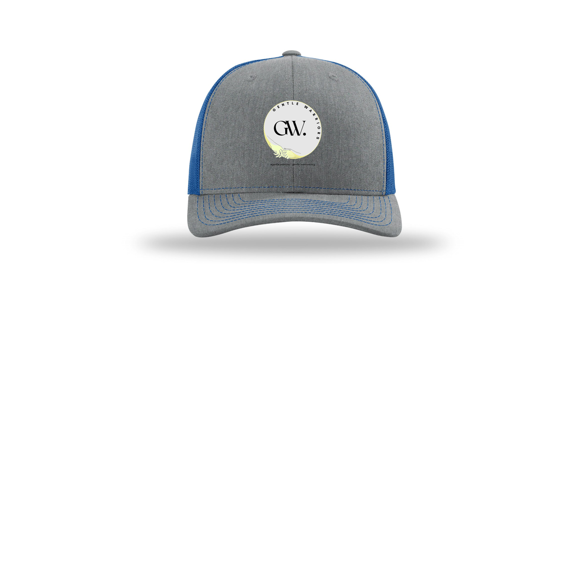 gentle-warriors-richardson-trucker-cap-embroidery-capfront-R112-heathergreyroyal-flat-front