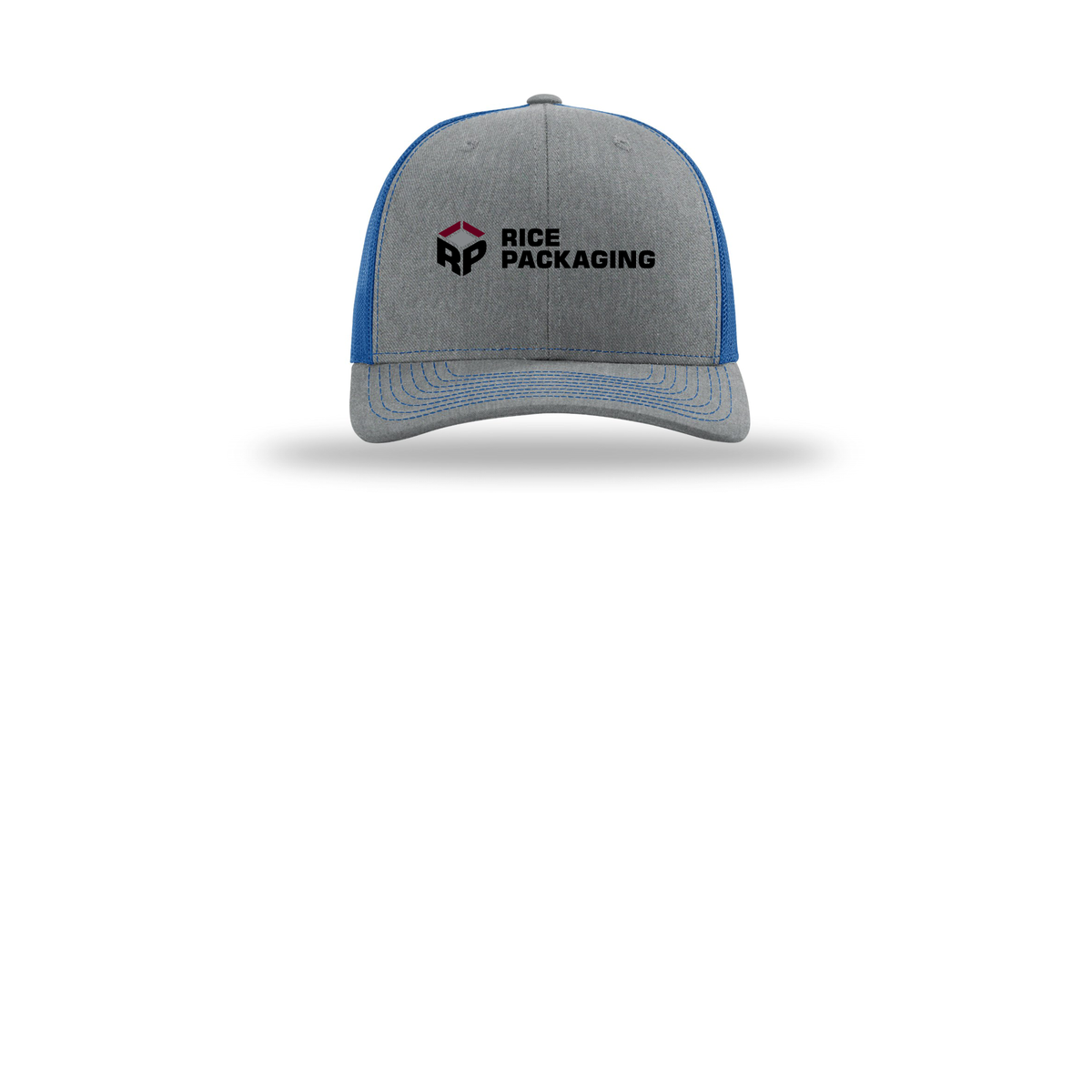 ricepackaging-richardson-trucker-cap-embroidery-capfront-R112-heathergreyroyal-flat-front
