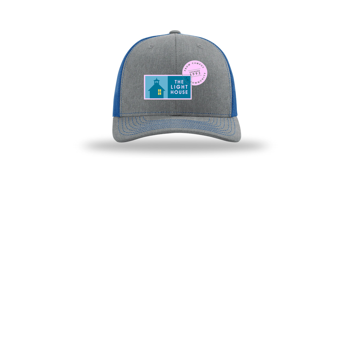 lhcampus-richardson-trucker-cap-embroidery-capfront-R112-heathergreyroyal-flat-front