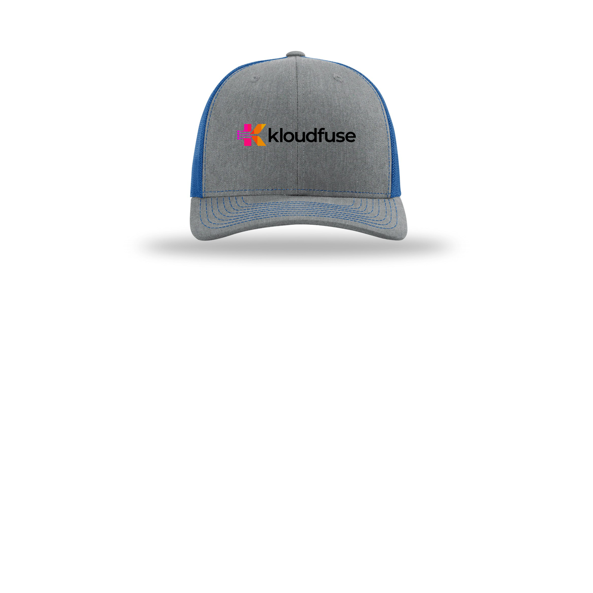 kloudfuse-richardson-trucker-cap-embroidery-capfront-R112-heathergreyroyal-flat-front