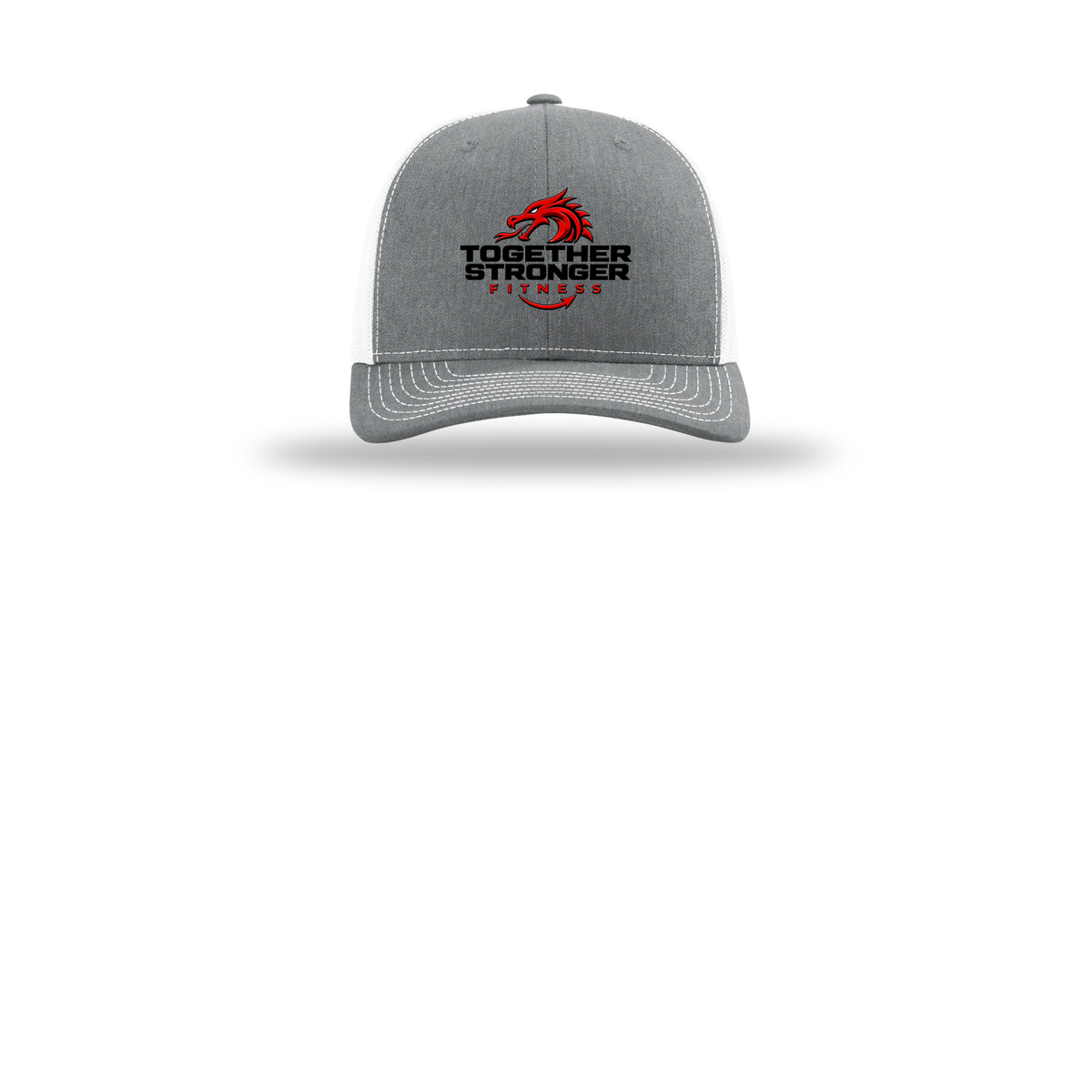 togetherstrongerfitness-richardson-trucker-cap-embroidery-capfront-R112-heathergreywhite-flat-front