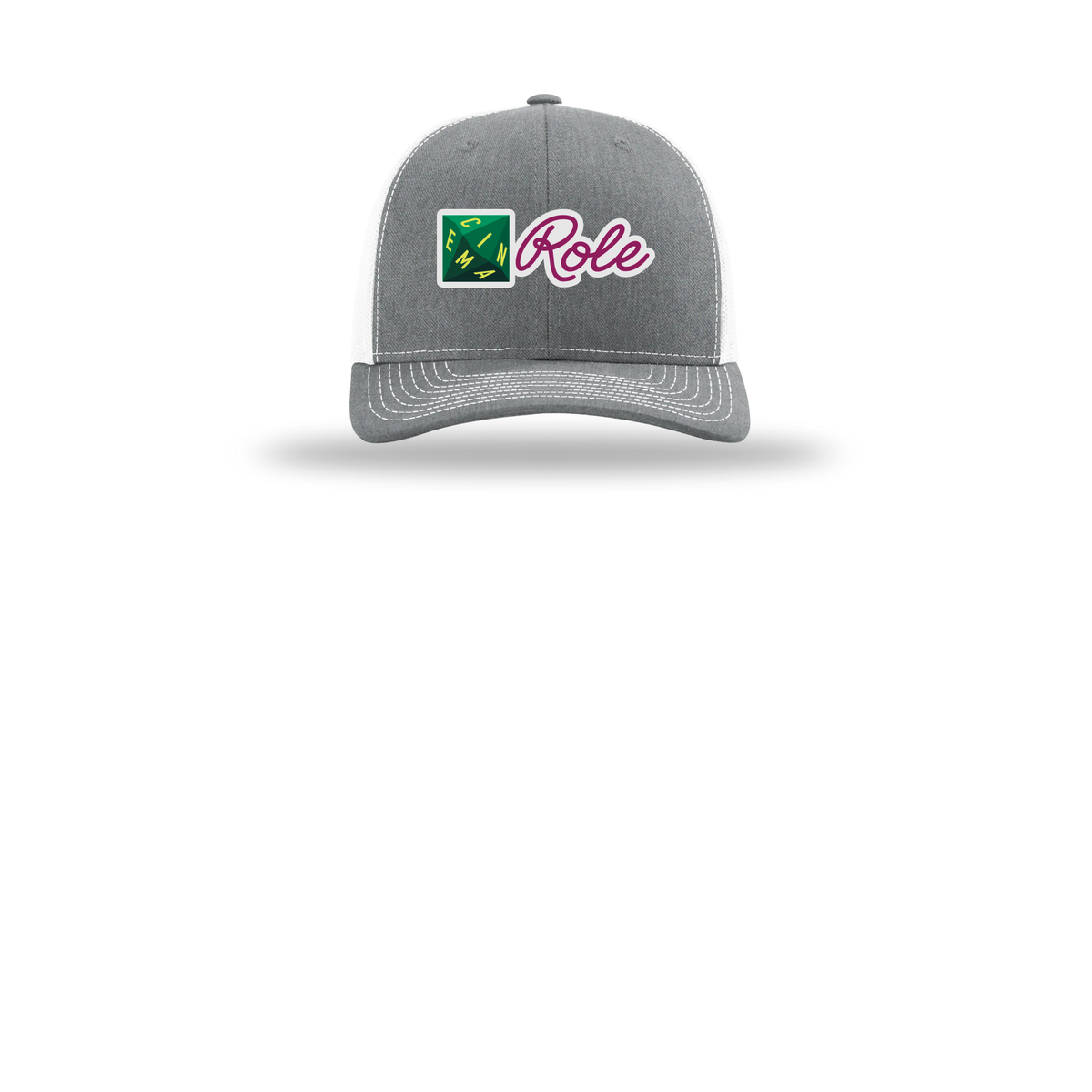 cinemarole-richardson-trucker-cap-embroidery-capfront-R112-heathergreywhite-flat-front