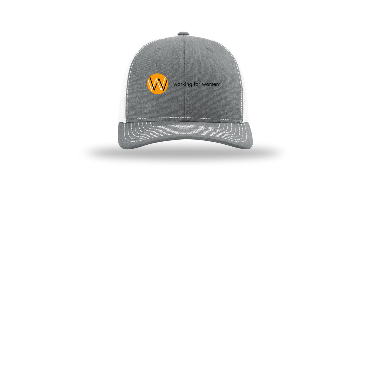 workingforwomen-richardson-trucker-cap-embroidery-capfront-R112-heathergreywhite-flat-front