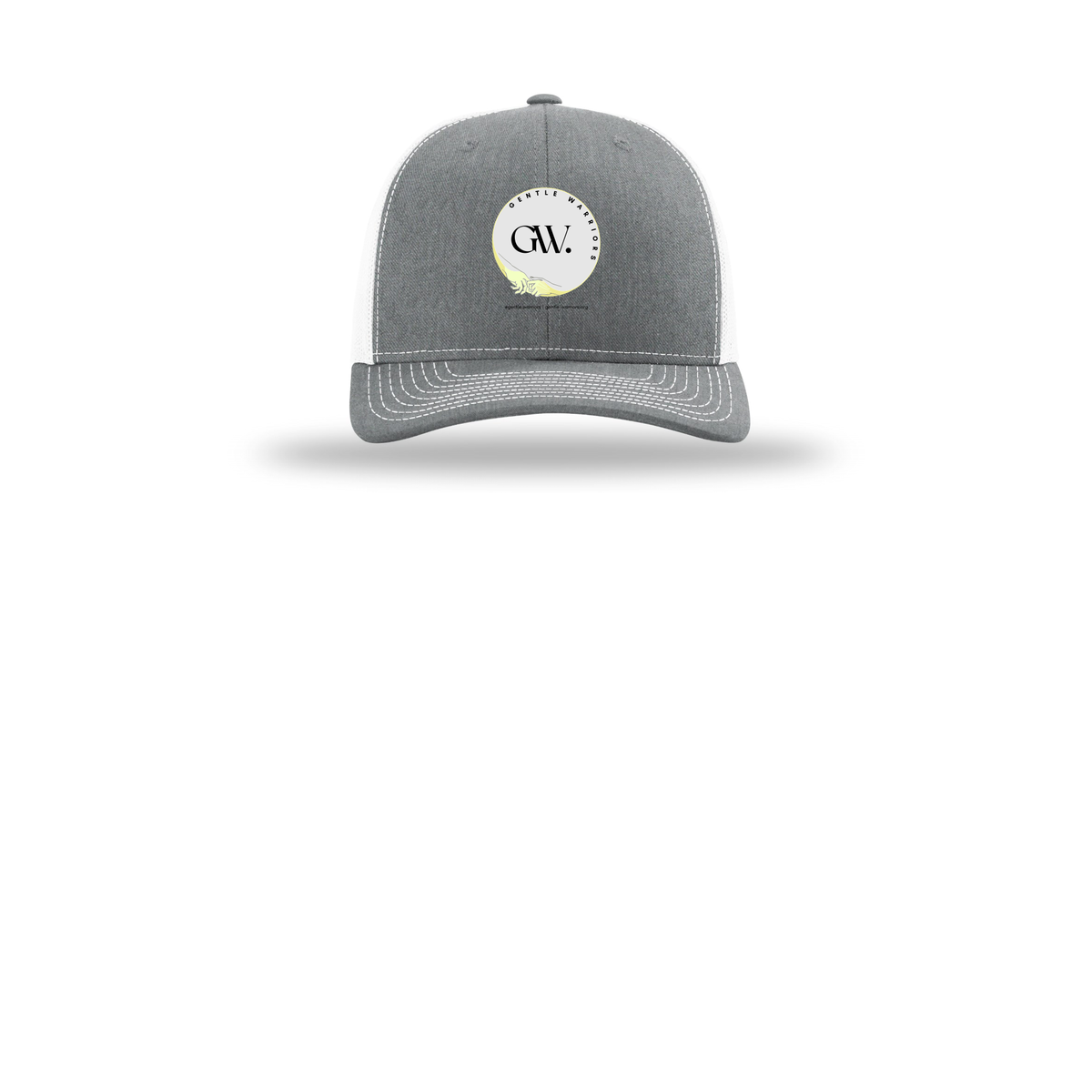 gentle-warriors-richardson-trucker-cap-embroidery-capfront-R112-heathergreywhite-flat-front