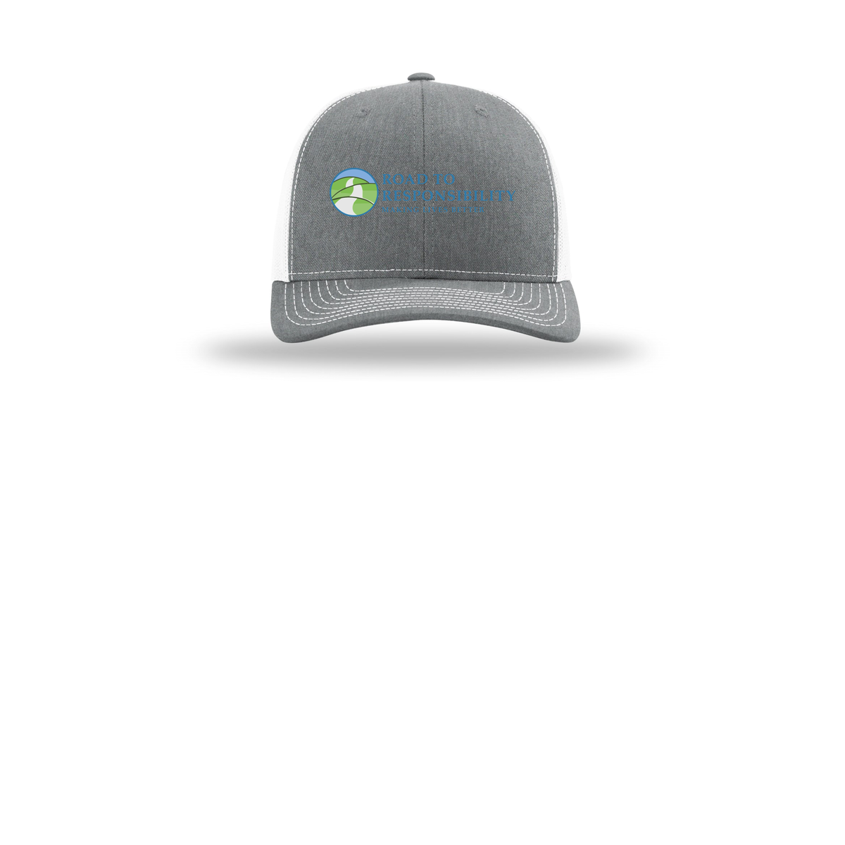 roadtoresponsibility-richardson-trucker-cap-embroidery-capfront-R112-heathergreywhite-flat-front