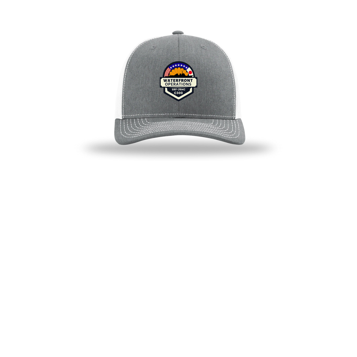 waterfront-operations-retro-trucker-cap-embroidery-capfront-R112-heathergreywhite-flat-front