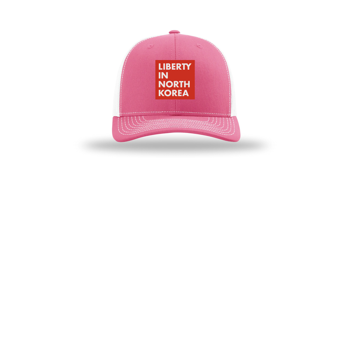 libertyinnorthkorea-richardson-trucker-cap-embroidery-capfront-R112-hotpinkwhite-flat-front