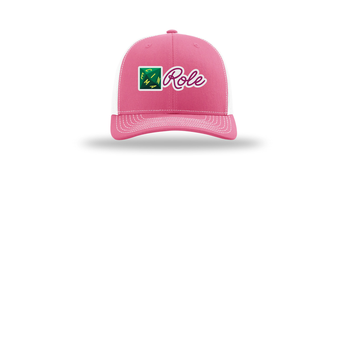 cinemarole-richardson-trucker-cap-embroidery-capfront-R112-hotpinkwhite-flat-front
