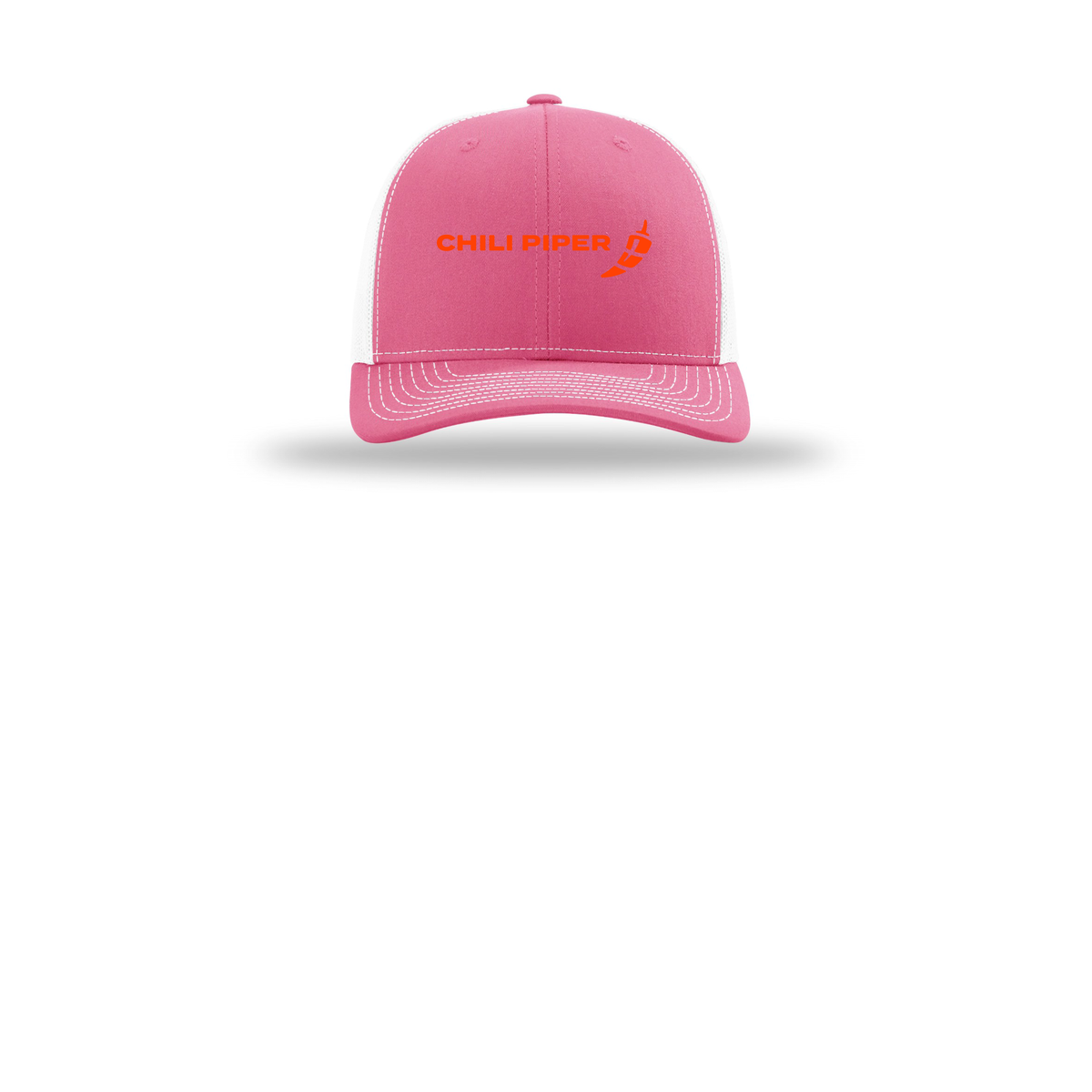 chilipiper-richardson-trucker-cap-embroidery-capfront-R112-hotpinkwhite-flat-front
