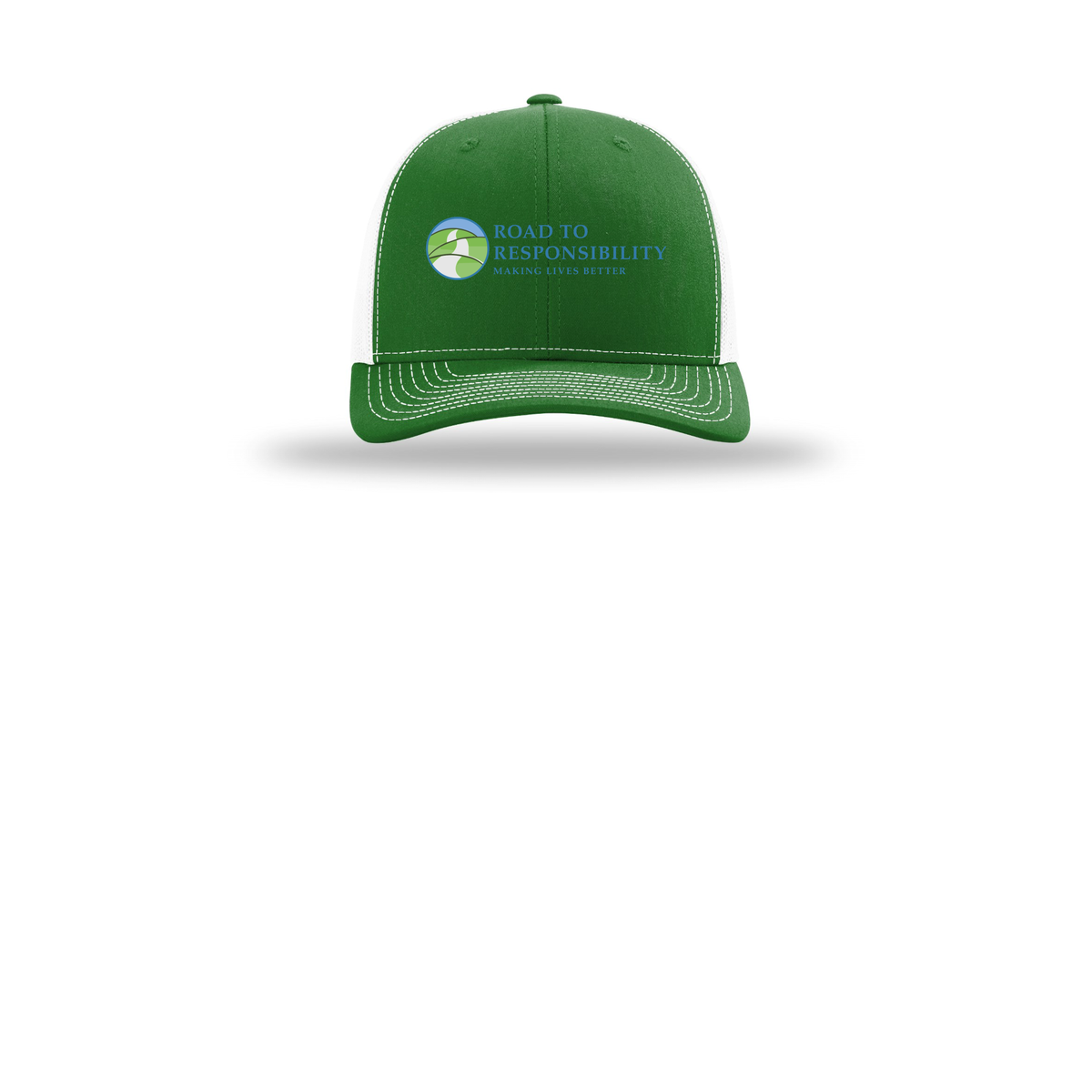 roadtoresponsibility-richardson-trucker-cap-embroidery-capfront-R112-kellywhite-flat-front