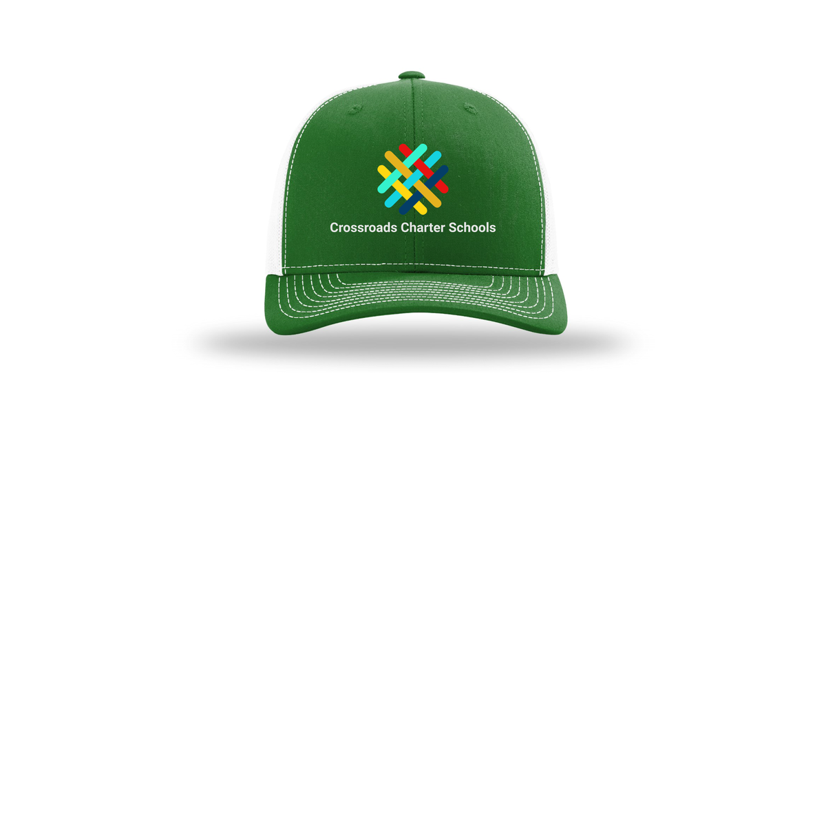 crossroadsschoolskc-richardson-trucker-cap-embroidery-capfront-R112-kellywhite-flat-front