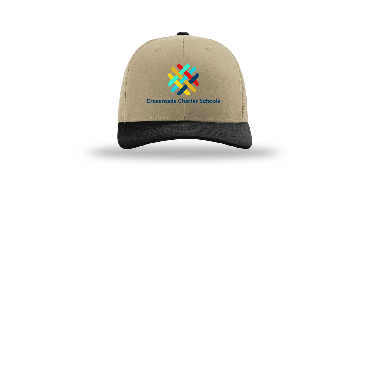 crossroadsschoolskc-richardson-trucker-cap-embroidery-capfront-R112-khakikhakiblack-flat-front