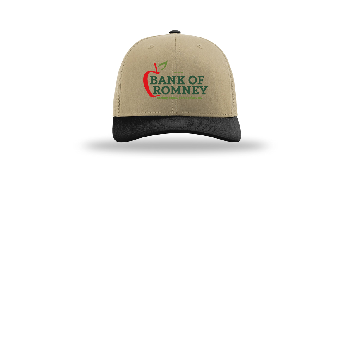 bankofromney-richardson-trucker-cap-embroidery-capfront-R112-khakikhakiblack-flat-front