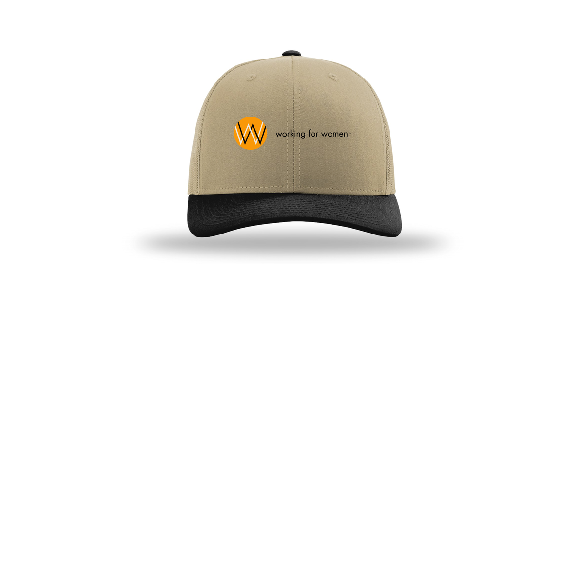 workingforwomen-richardson-trucker-cap-embroidery-capfront-R112-khakikhakiblack-flat-front