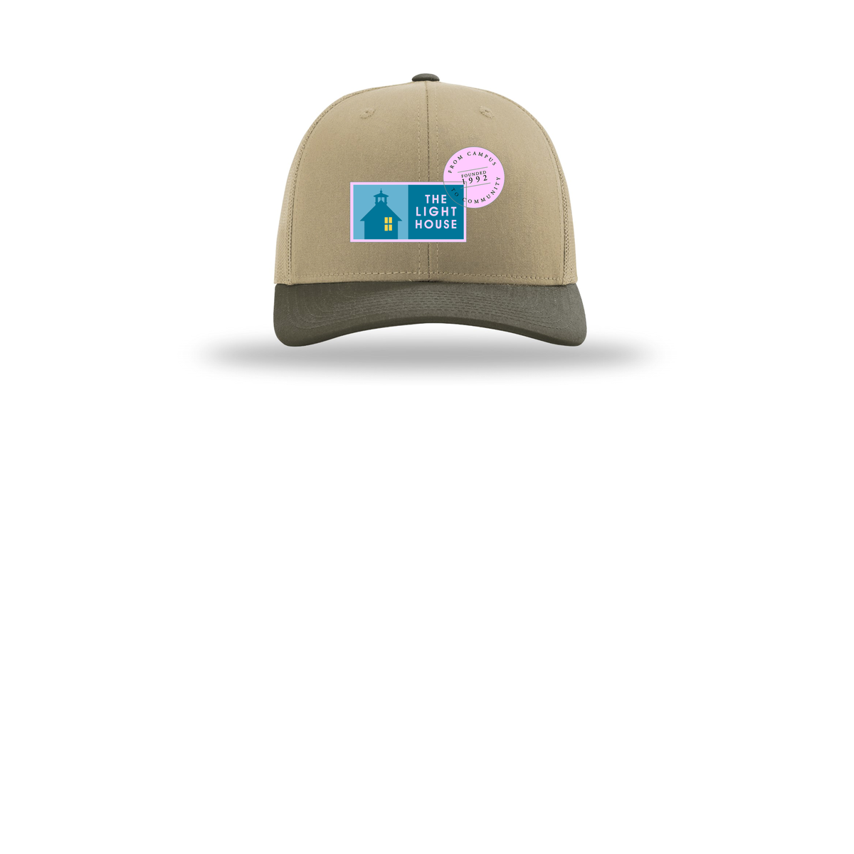 lhcampus-richardson-trucker-cap-embroidery-capfront-R112-khakikhakichocolatechip-flat-front