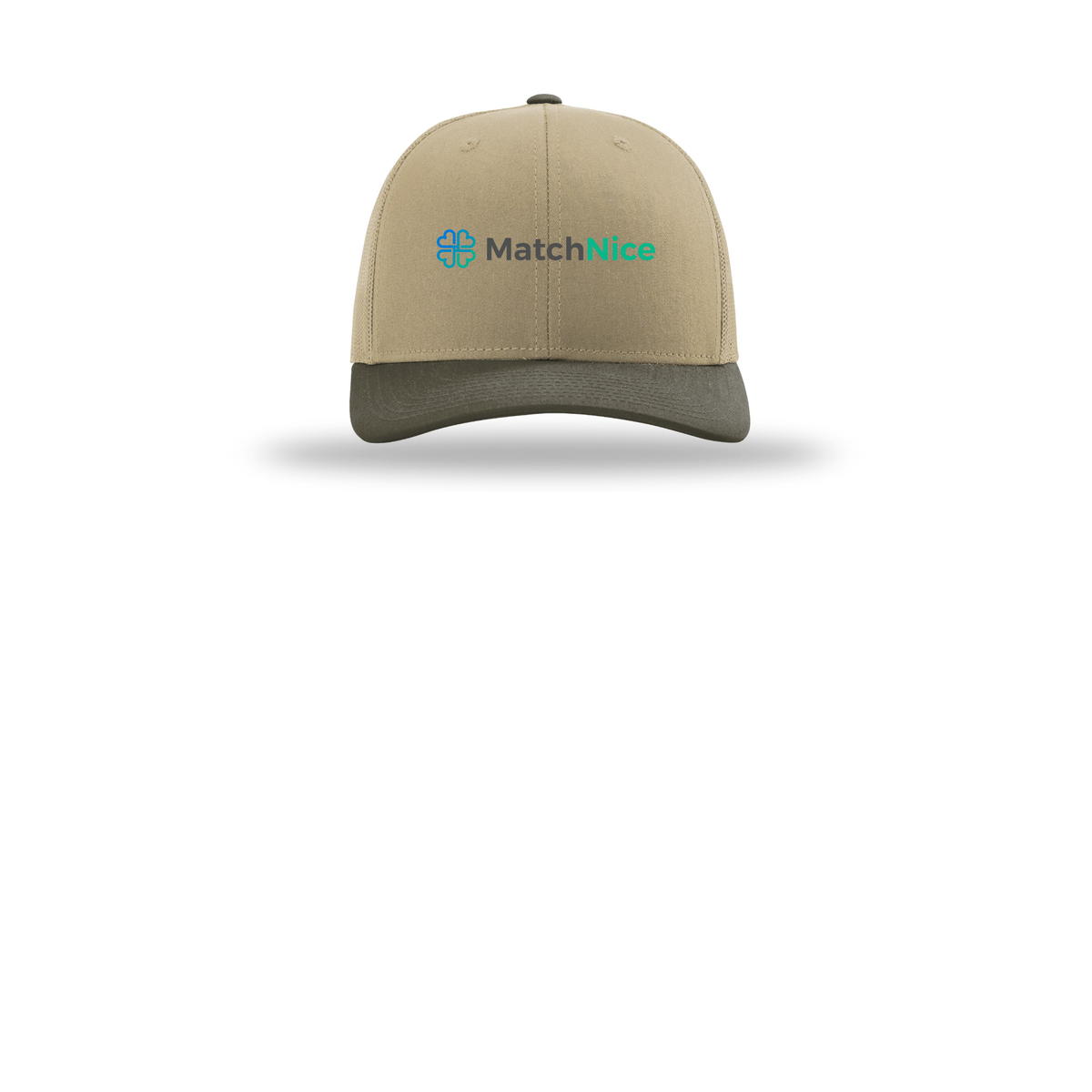 matchnice-richardson-trucker-cap-embroidery-capfront-R112-khakikhakichocolatechip-flat-front