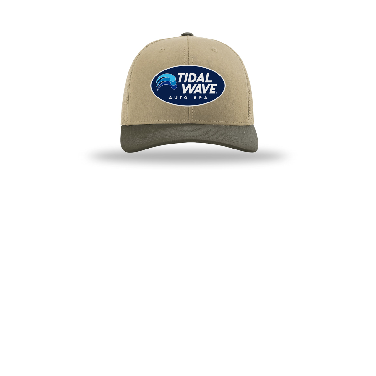 tidalwaveautospa-richardson-trucker-cap-embroidery-capfront-R112-khakikhakichocolatechip-flat-front