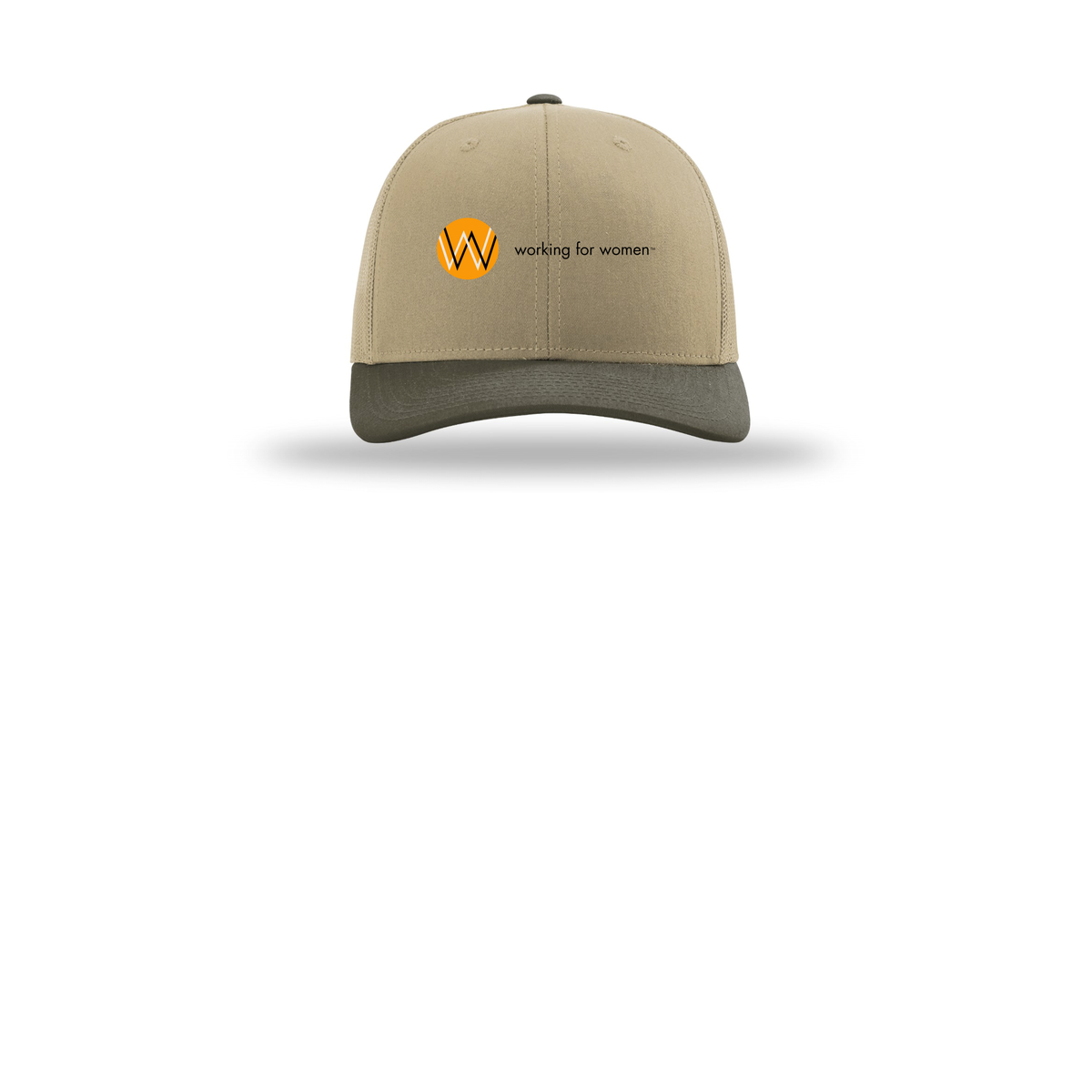 workingforwomen-richardson-trucker-cap-embroidery-capfront-R112-khakikhakichocolatechip-flat-front