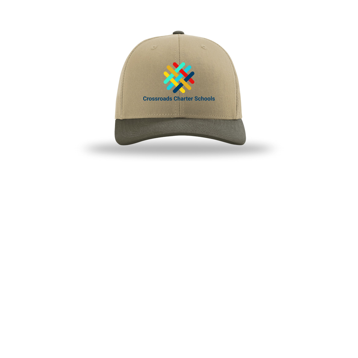 crossroadsschoolskc-richardson-trucker-cap-embroidery-capfront-R112-khakikhakichocolatechip-flat-front