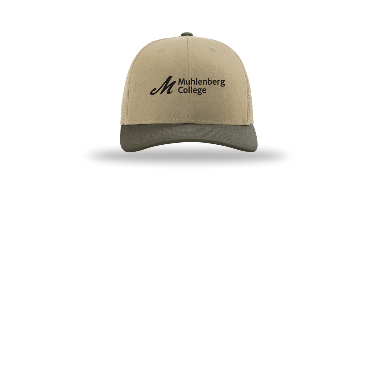 muhlenberg-richardson-trucker-cap-embroidery-capfront-R112-khakikhakichocolatechip-flat-front