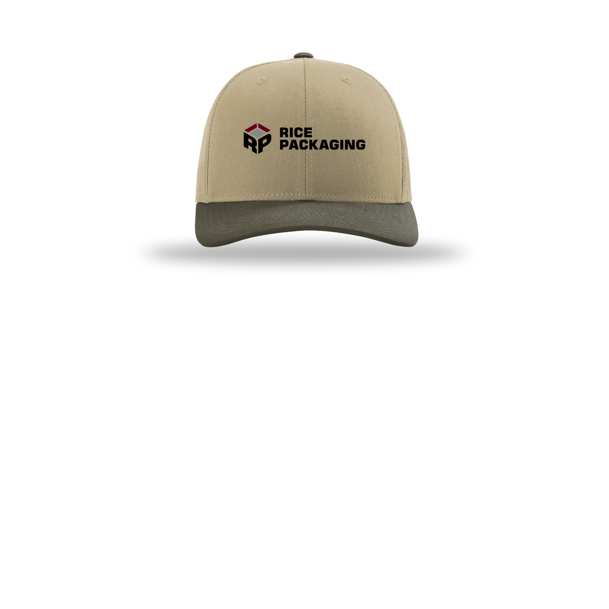 ricepackaging-richardson-trucker-cap-embroidery-capfront-R112-khakikhakichocolatechip-flat-front
