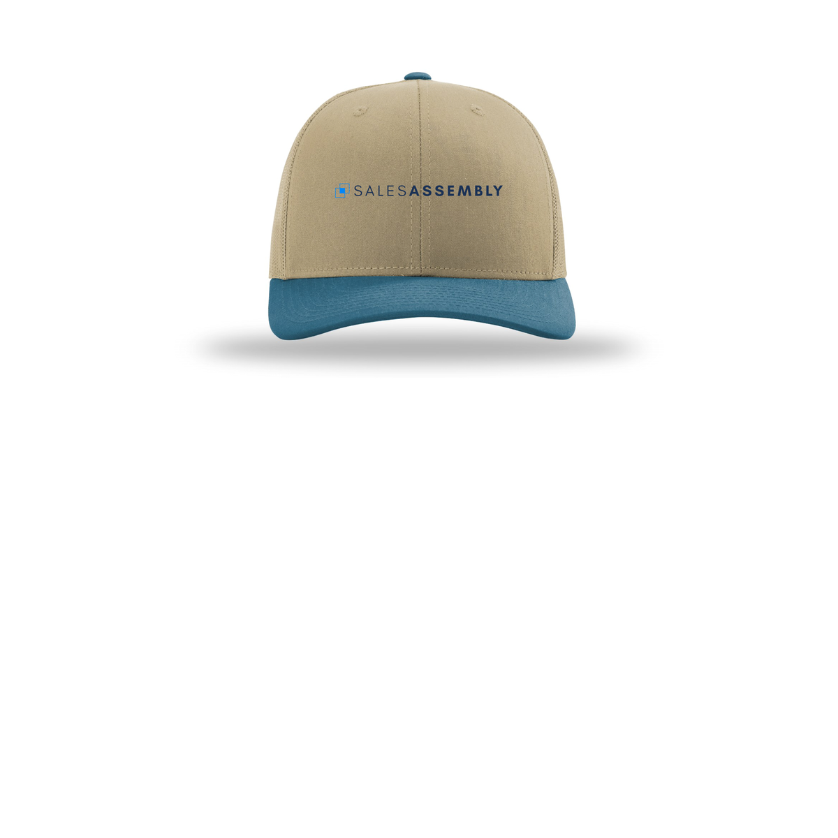 salesassembly-richardson-trucker-cap-embroidery-capfront-R112-khakikhakilegionblue-flat-front