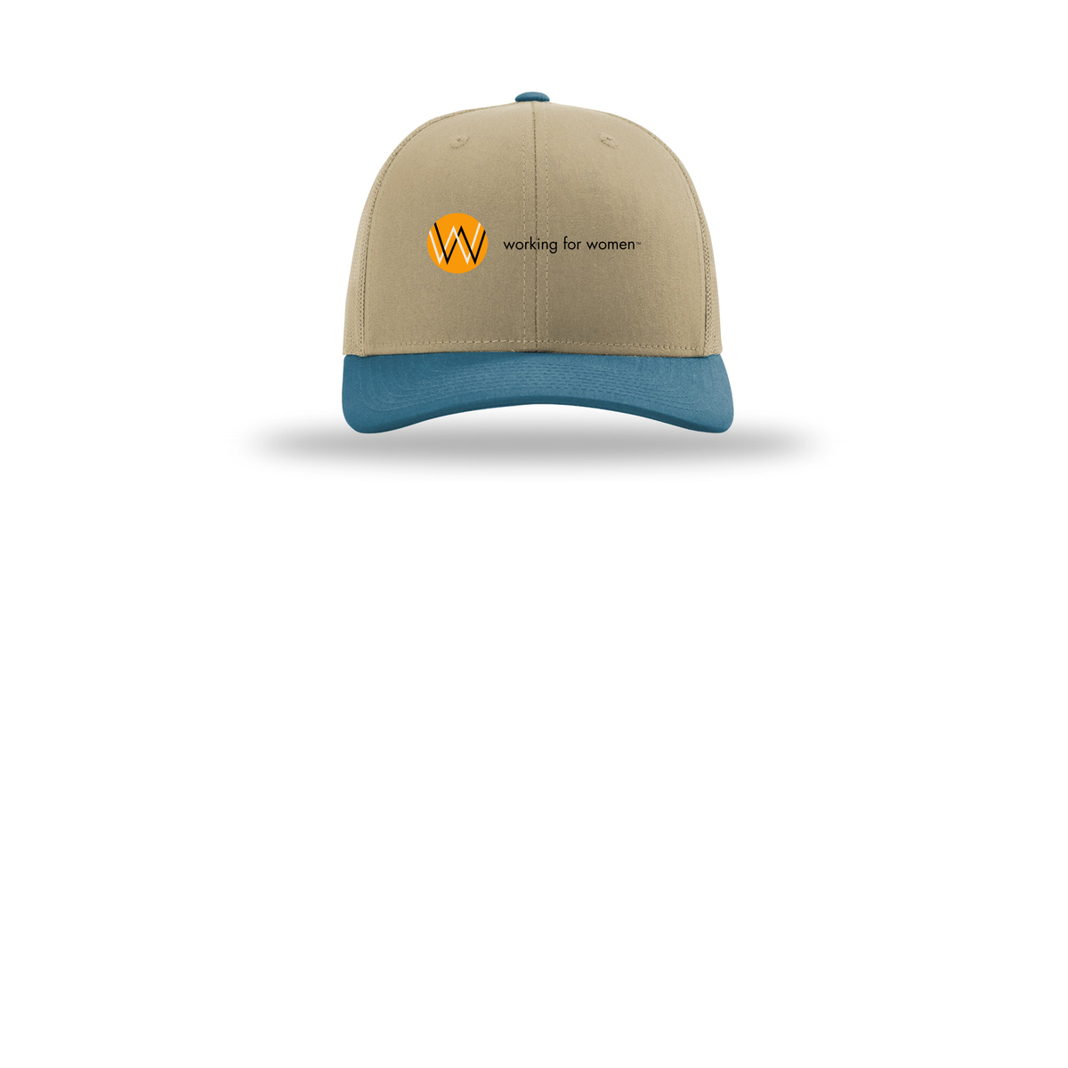 workingforwomen-richardson-trucker-cap-embroidery-capfront-R112-khakikhakilegionblue-flat-front