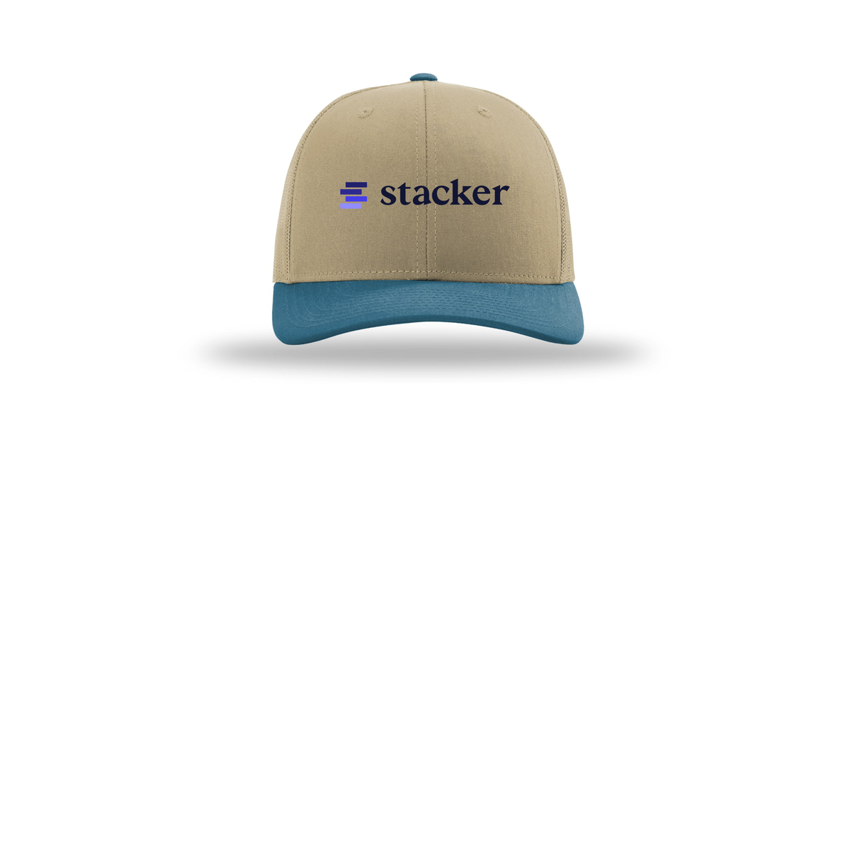 stacker-richardson-trucker-cap-embroidery-capfront-R112-khakikhakilegionblue-flat-front