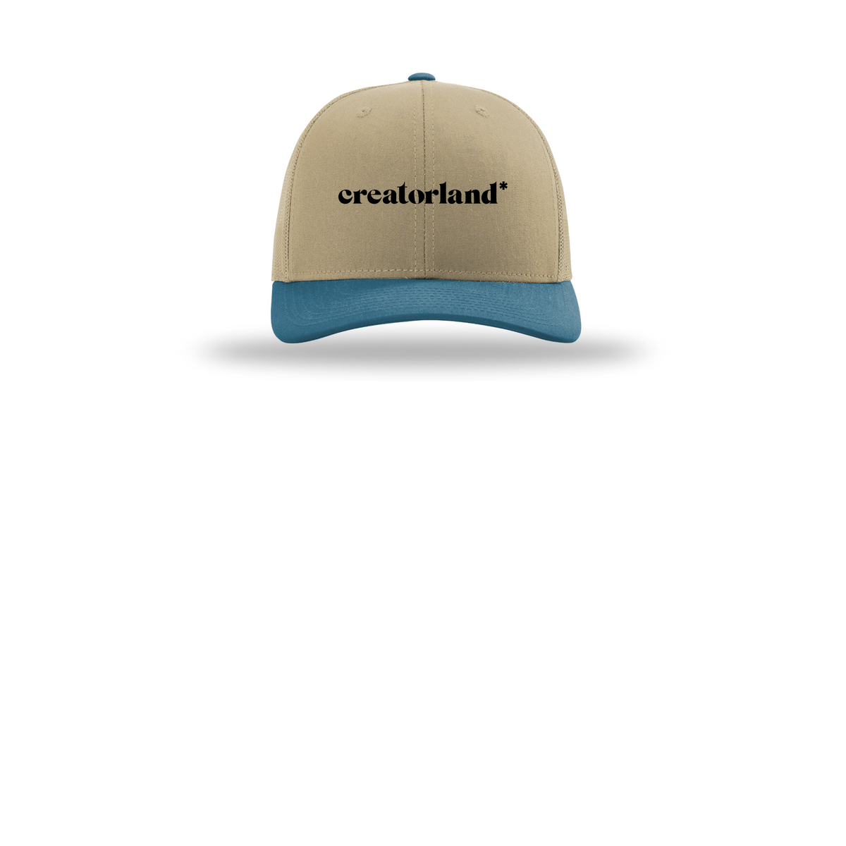 creatorland-richardson-trucker-cap-embroidery-capfront-R112-khakikhakilegionblue-flat-front