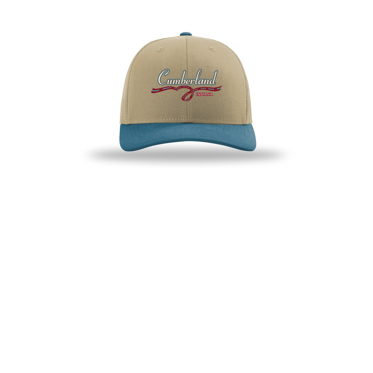 cumberland-richardson-trucker-cap-embroidery-capfront-R112-khakikhakilegionblue-flat-front