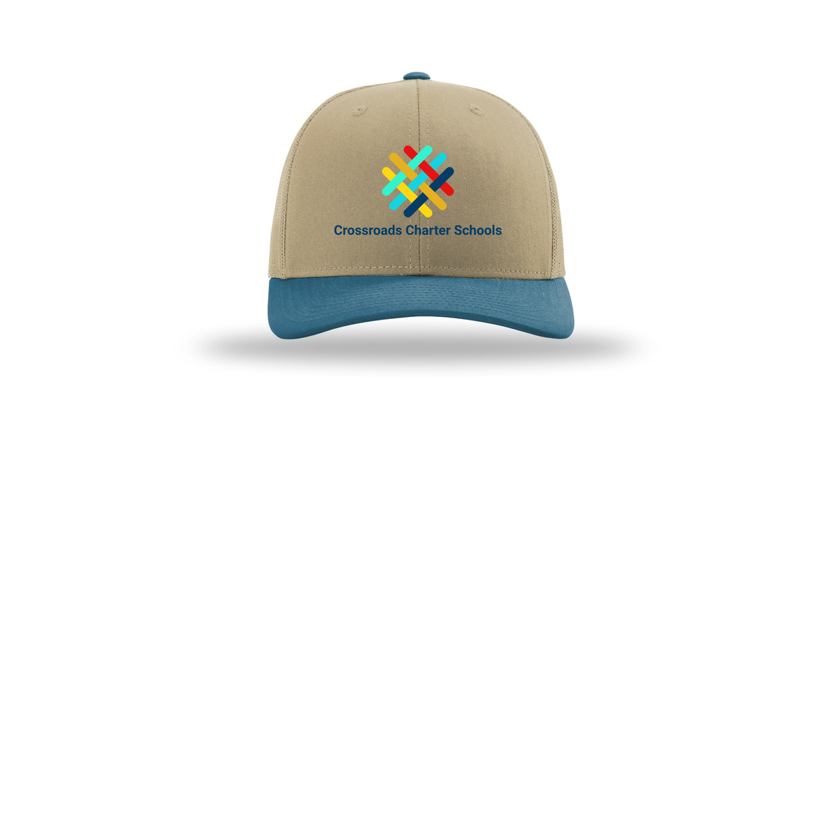 crossroadsschoolskc-richardson-trucker-cap-embroidery-capfront-R112-khakikhakilegionblue-flat-front