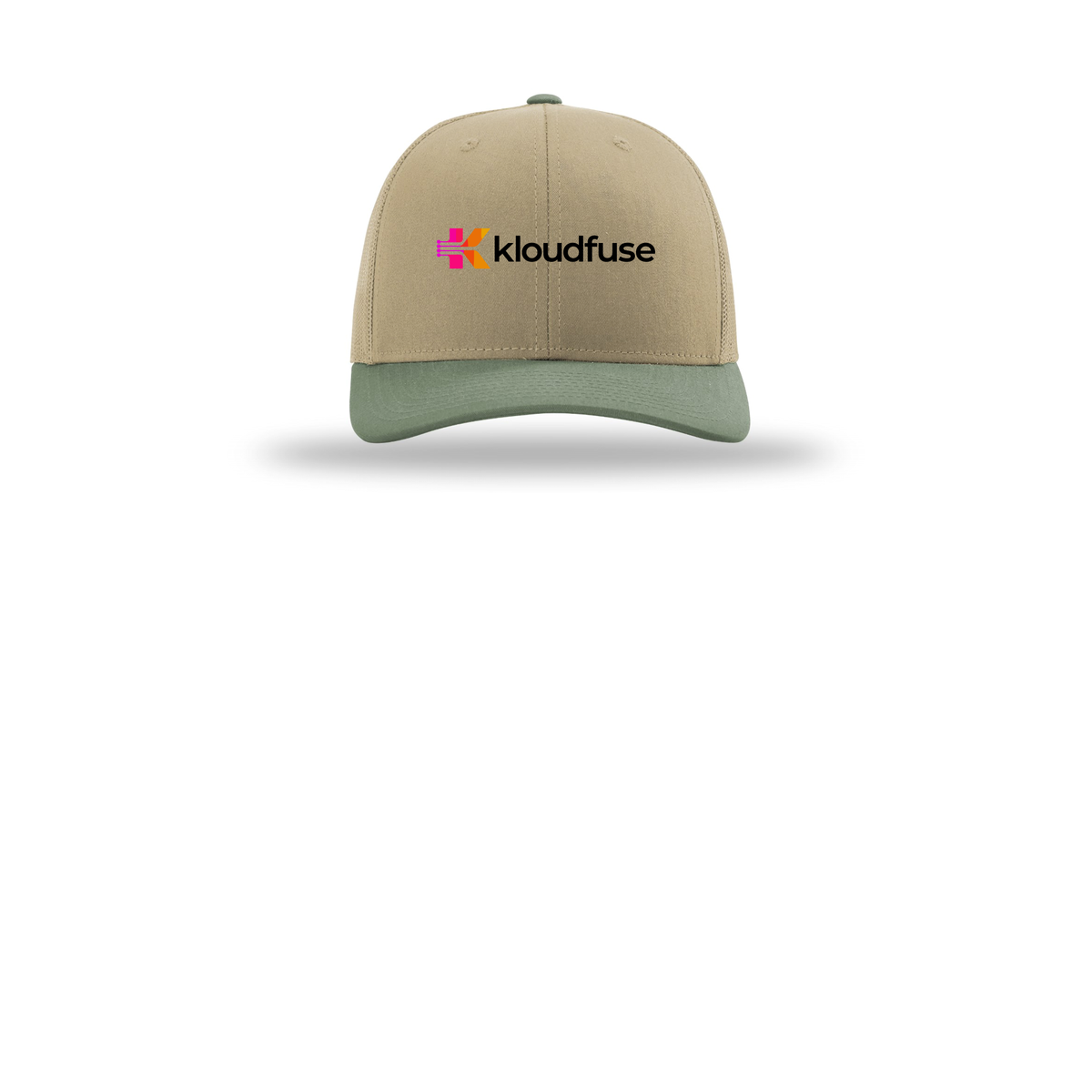 kloudfuse-richardson-trucker-cap-embroidery-capfront-R112-khakikhakiloden-flat-front