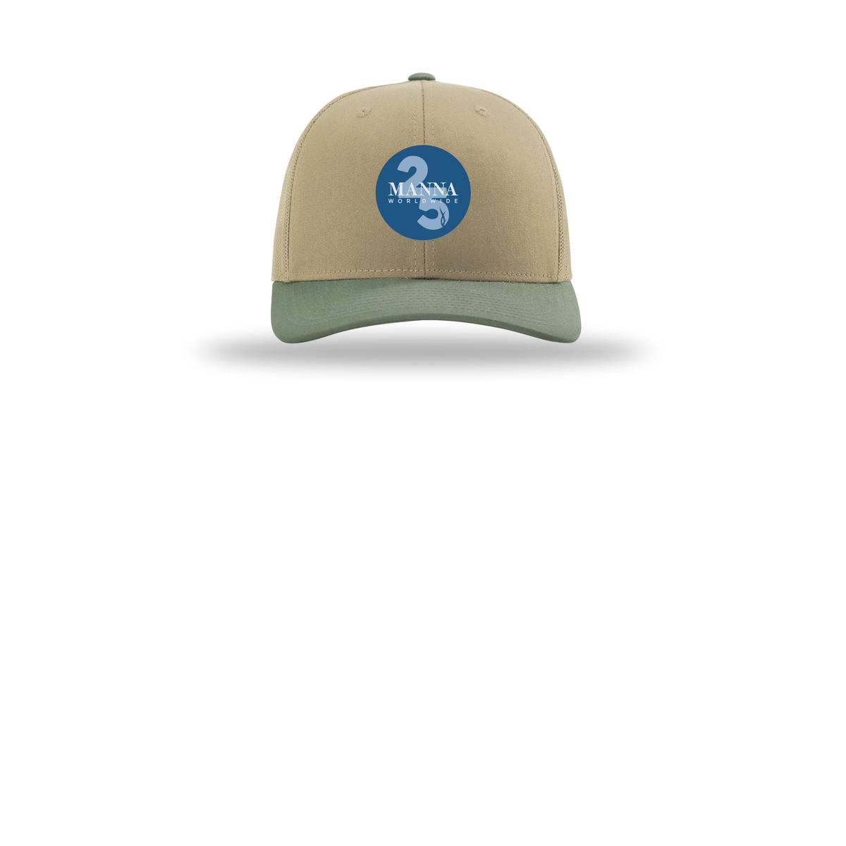 mannaworldwide-richardson-trucker-cap-embroidery-capfront-R112-khakikhakiloden-flat-front