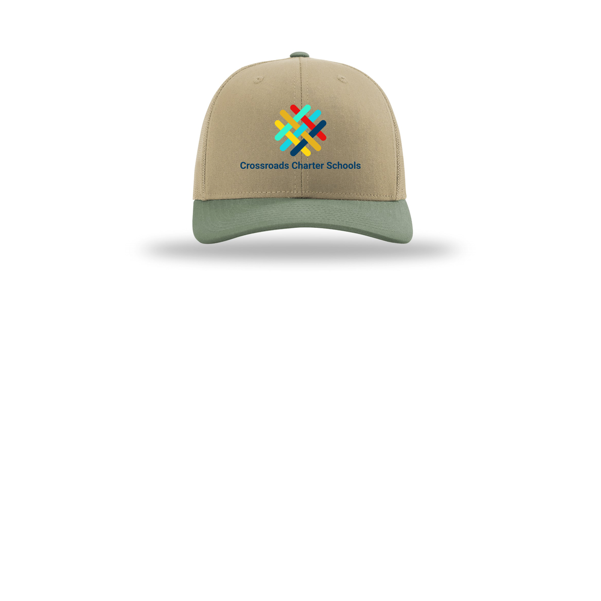 crossroadsschoolskc-richardson-trucker-cap-embroidery-capfront-R112-khakikhakiloden-flat-front