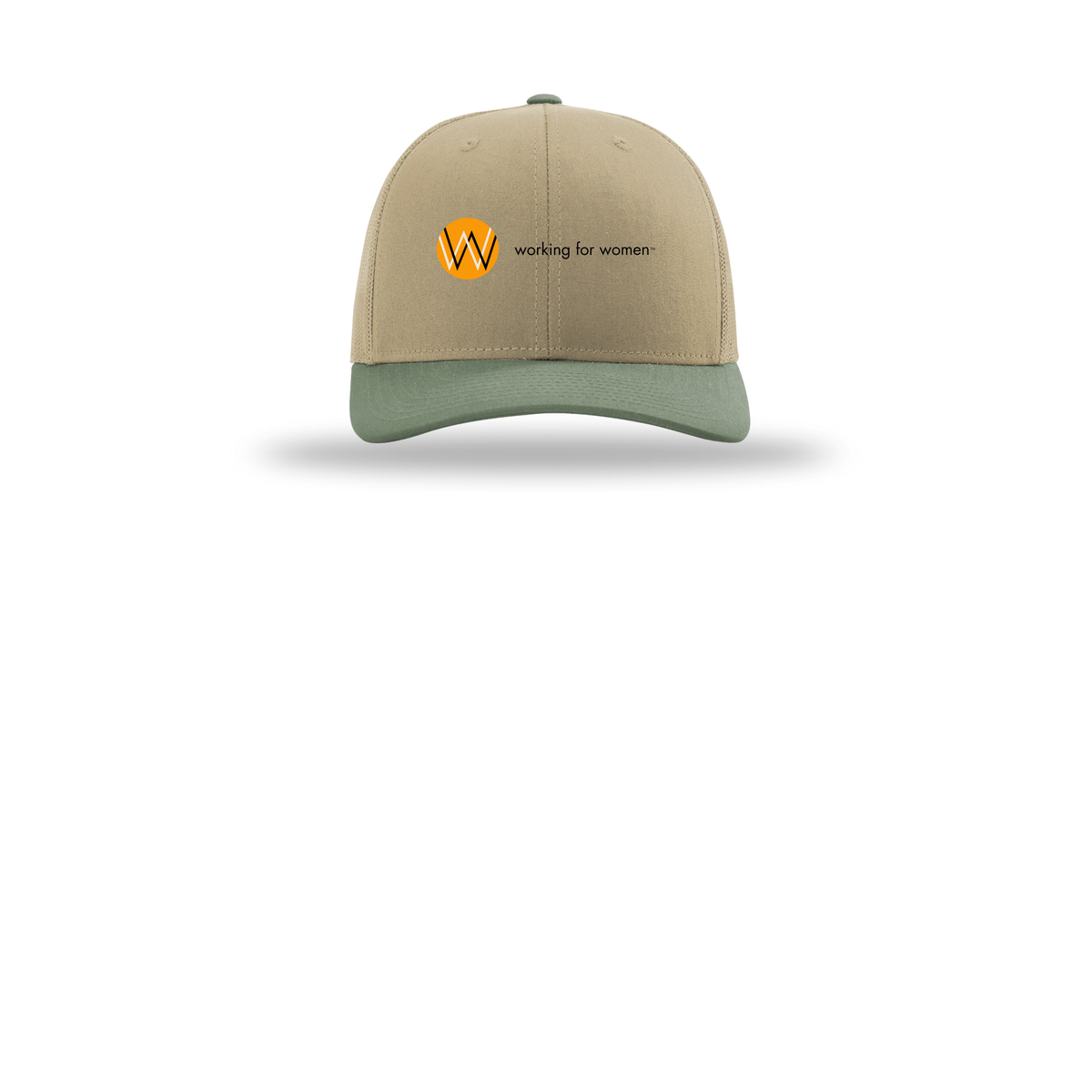 workingforwomen-richardson-trucker-cap-embroidery-capfront-R112-khakikhakiloden-flat-front