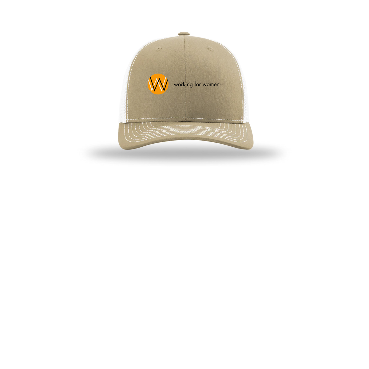 workingforwomen-richardson-trucker-cap-embroidery-capfront-R112-khakiwhite-flat-front