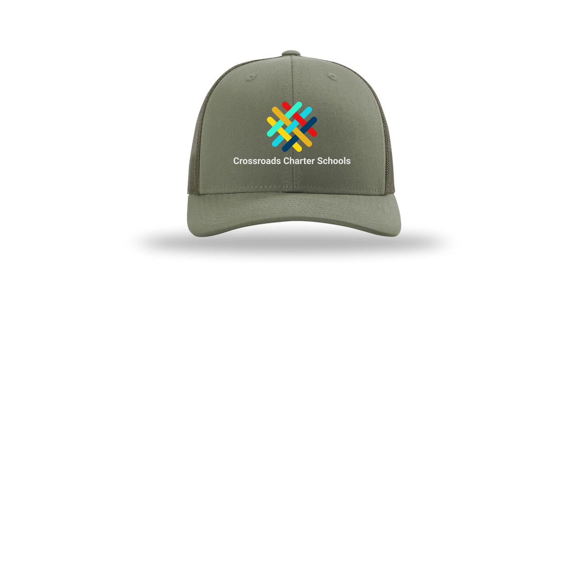 crossroadsschoolskc-richardson-trucker-cap-embroidery-capfront-R112-loden-flat-front