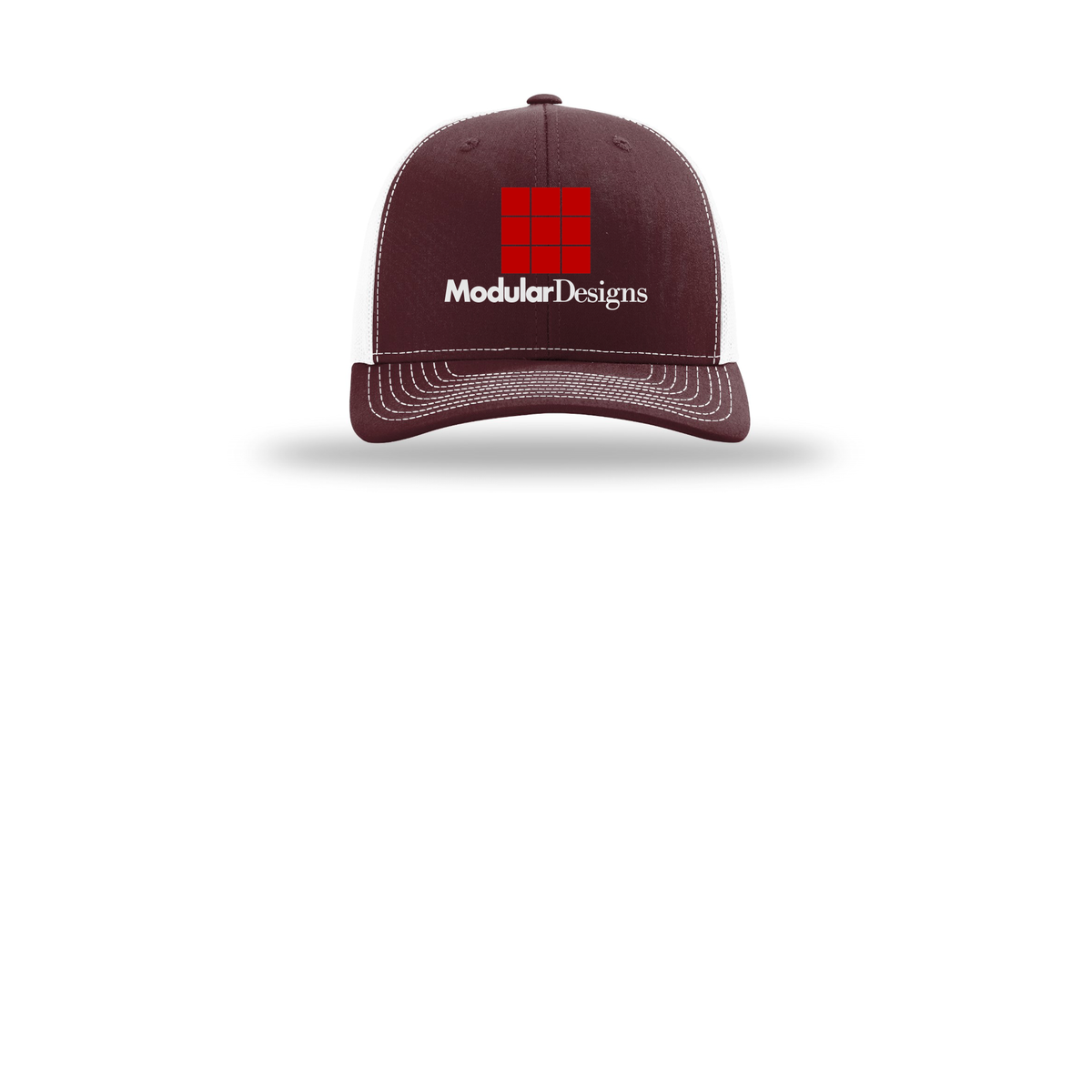 modulardesignsflooring-richardson-trucker-cap-embroidery-capfront-R112-maroonwhite-flat-front