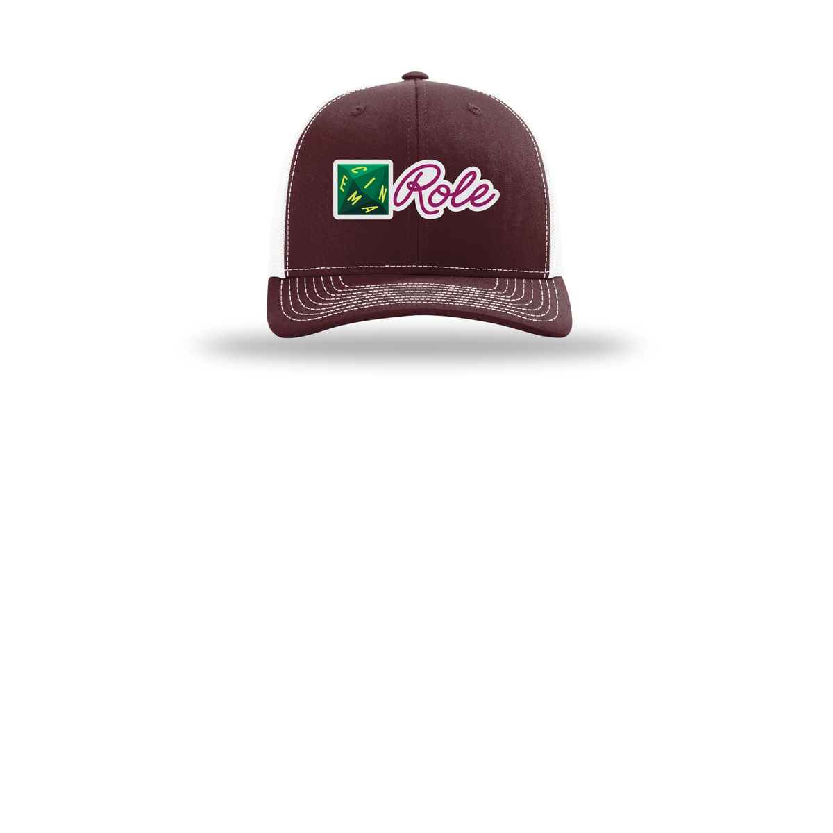 cinemarole-richardson-trucker-cap-embroidery-capfront-R112-maroonwhite-flat-front