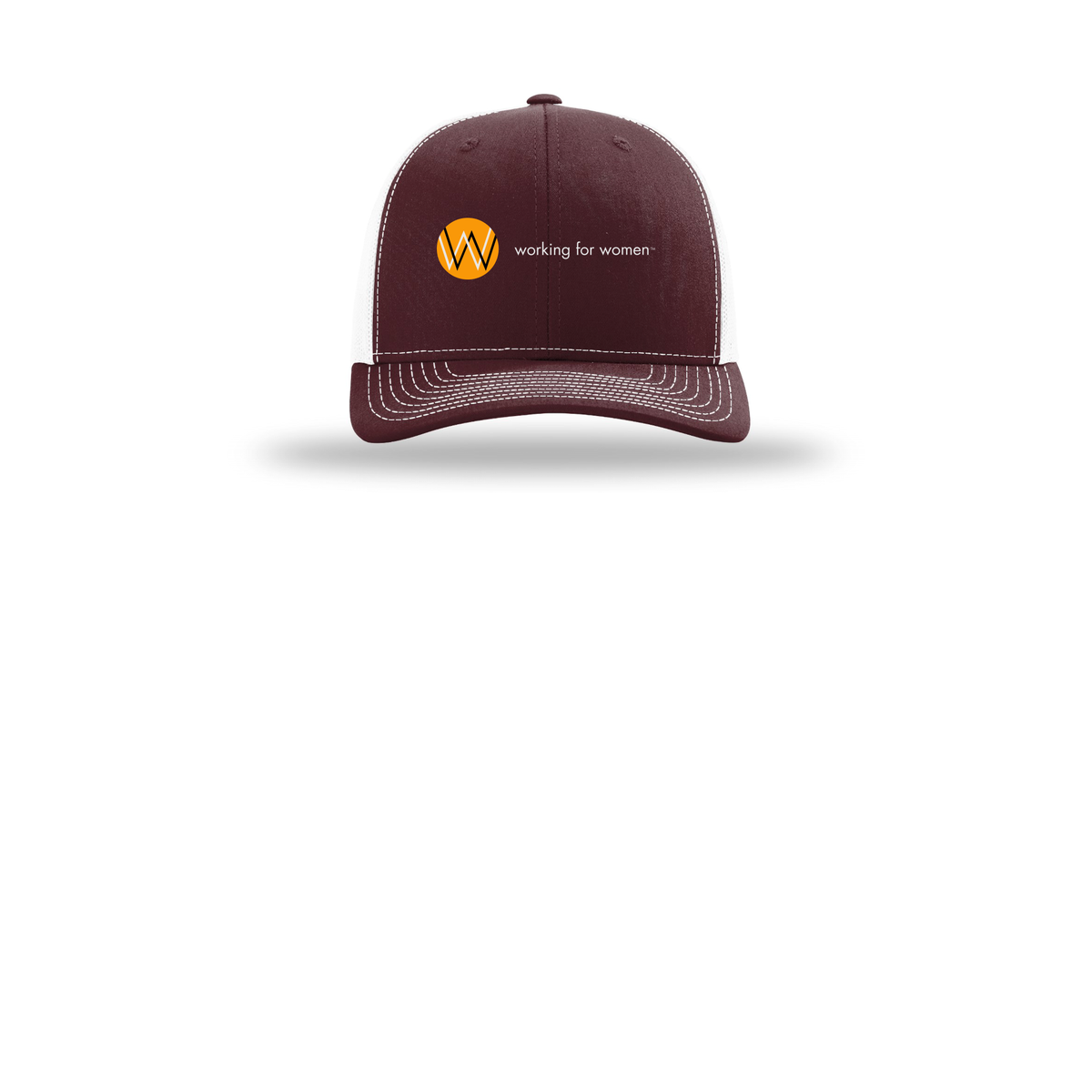 workingforwomen-richardson-trucker-cap-embroidery-capfront-R112-maroonwhite-flat-front