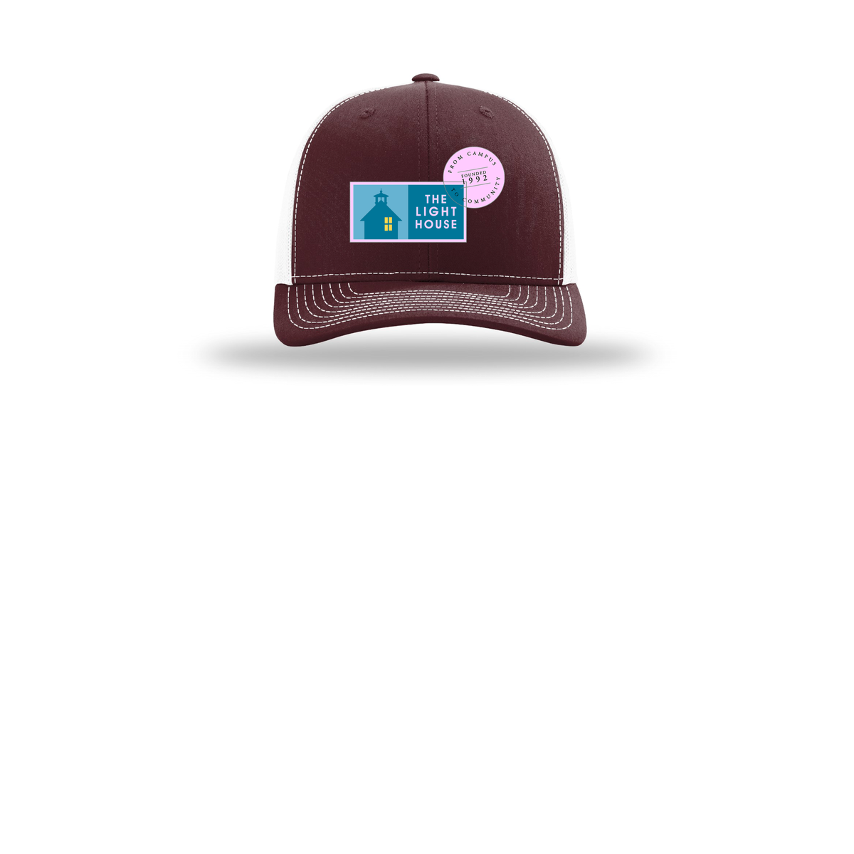 lhcampus-richardson-trucker-cap-embroidery-capfront-R112-maroonwhite-flat-front