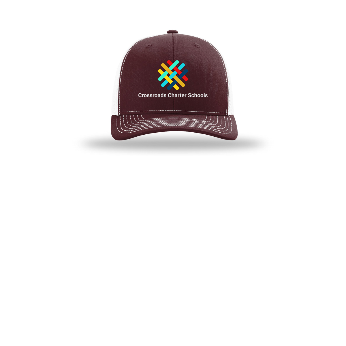 crossroadsschoolskc-richardson-trucker-cap-embroidery-capfront-R112-maroonwhite-flat-front