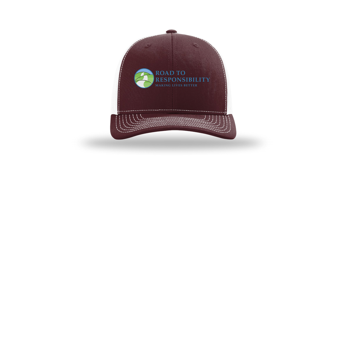 roadtoresponsibility-richardson-trucker-cap-embroidery-capfront-R112-maroonwhite-flat-front