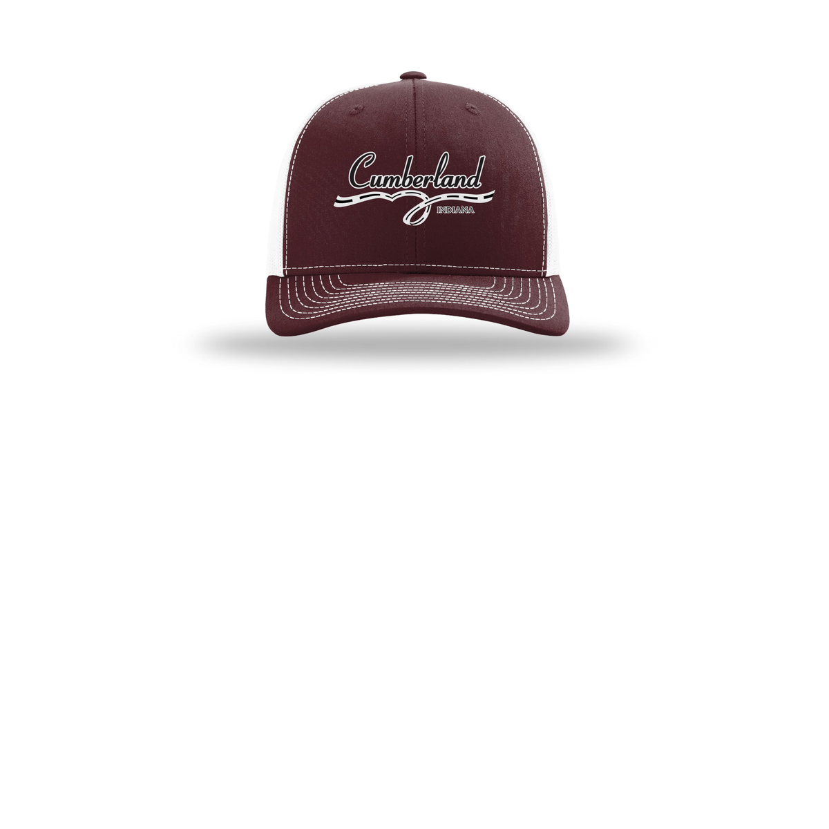 cumberland-richardson-trucker-cap-embroidery-capfront-R112-maroonwhite-flat-front