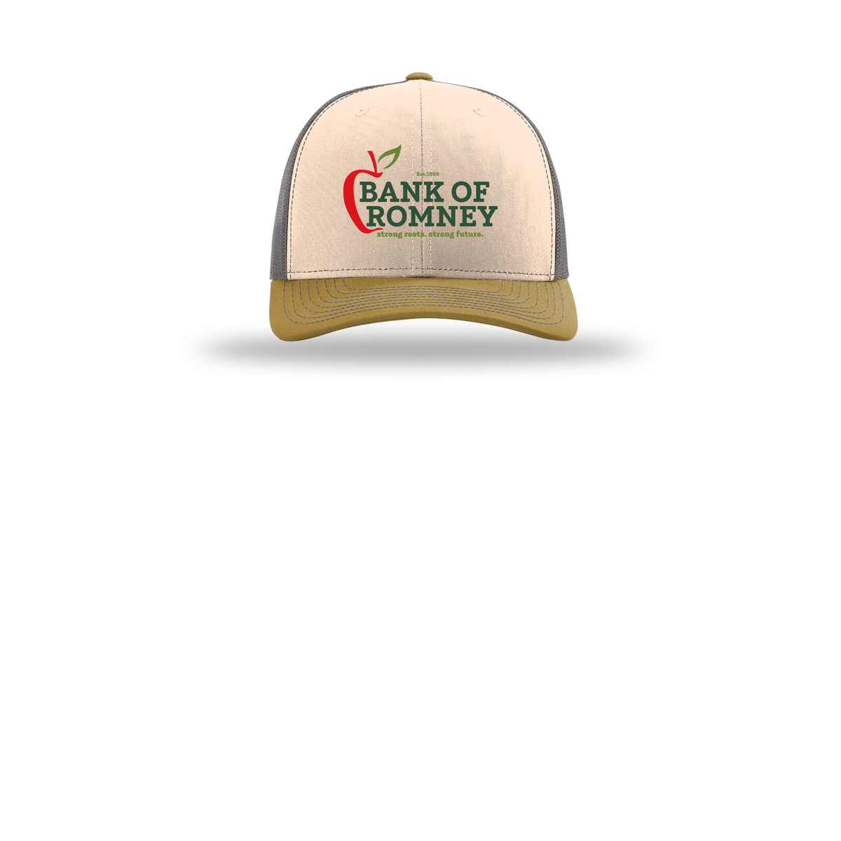 bankofromney-richardson-trucker-cap-embroidery-capfront-R112-minkbeigecharcoalambergold-flat-front