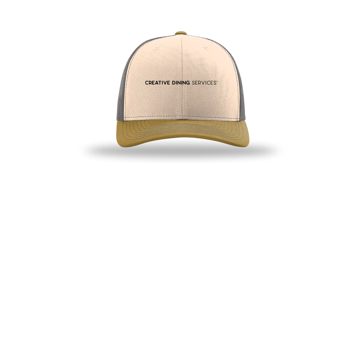 creativedining-richardson-trucker-cap-embroidery-capfront-R112-minkbeigecharcoalambergold-flat-front